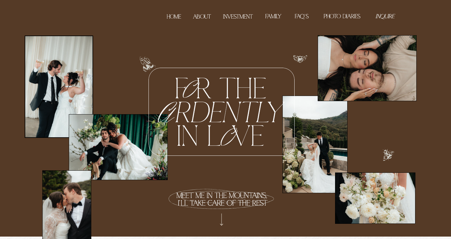 Website copywriting for wedding photographer with a bookish, Jane Austen novel vibe. Image reads: For the ardently in love. Meet me in the mountains & I'll take care of the rest.